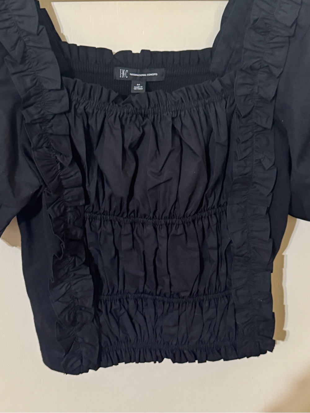INC International Concepts Black Smocked Ruffle Square-Neck Top
